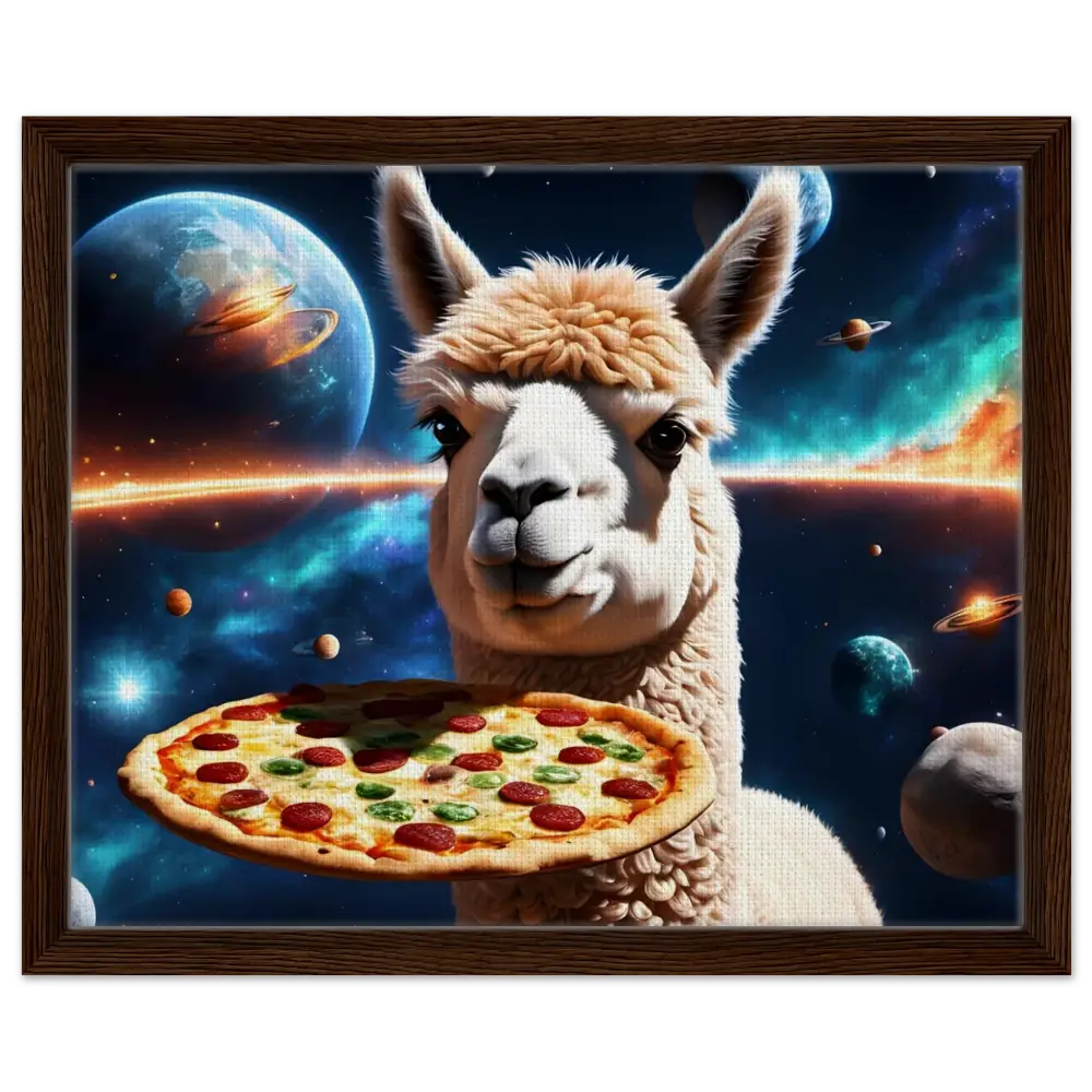 Framed Space Alpaca Pizza Canvas art in Galactic Chew Courier style with floating frame