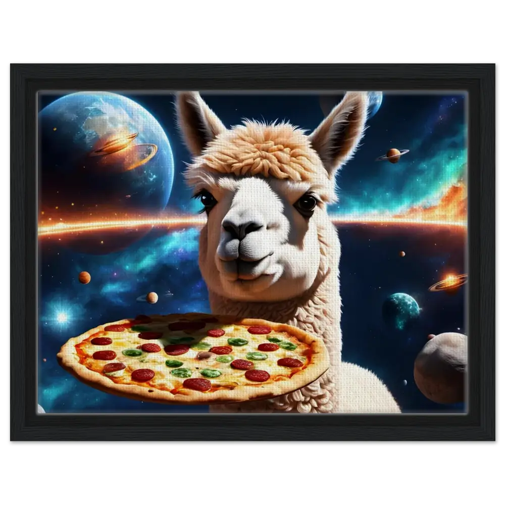 Llama holding pizza in space on Framed Alpaca Pizza Canvas Galactic Chew Courier
