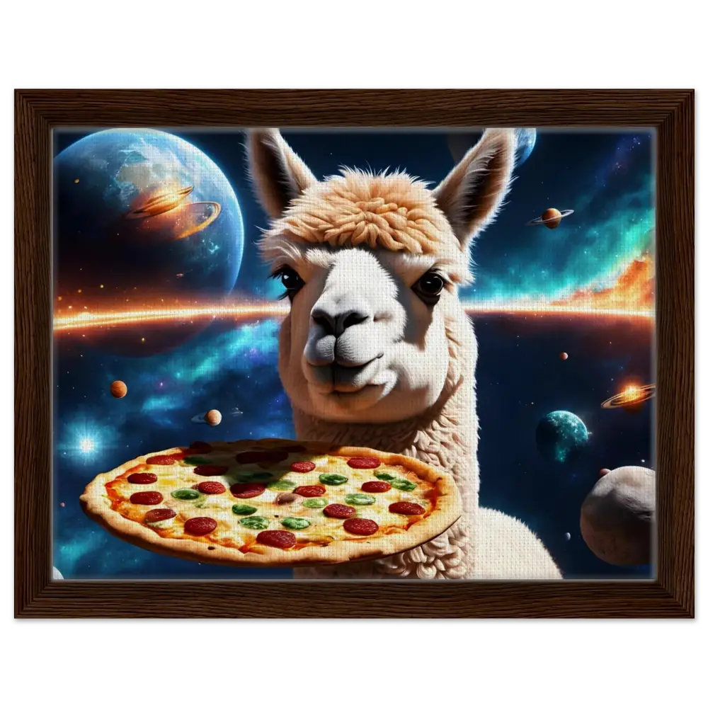 Framed alpaca holding pizza in space for Galactical Pizza Art on PixiOnyx Floating Frame