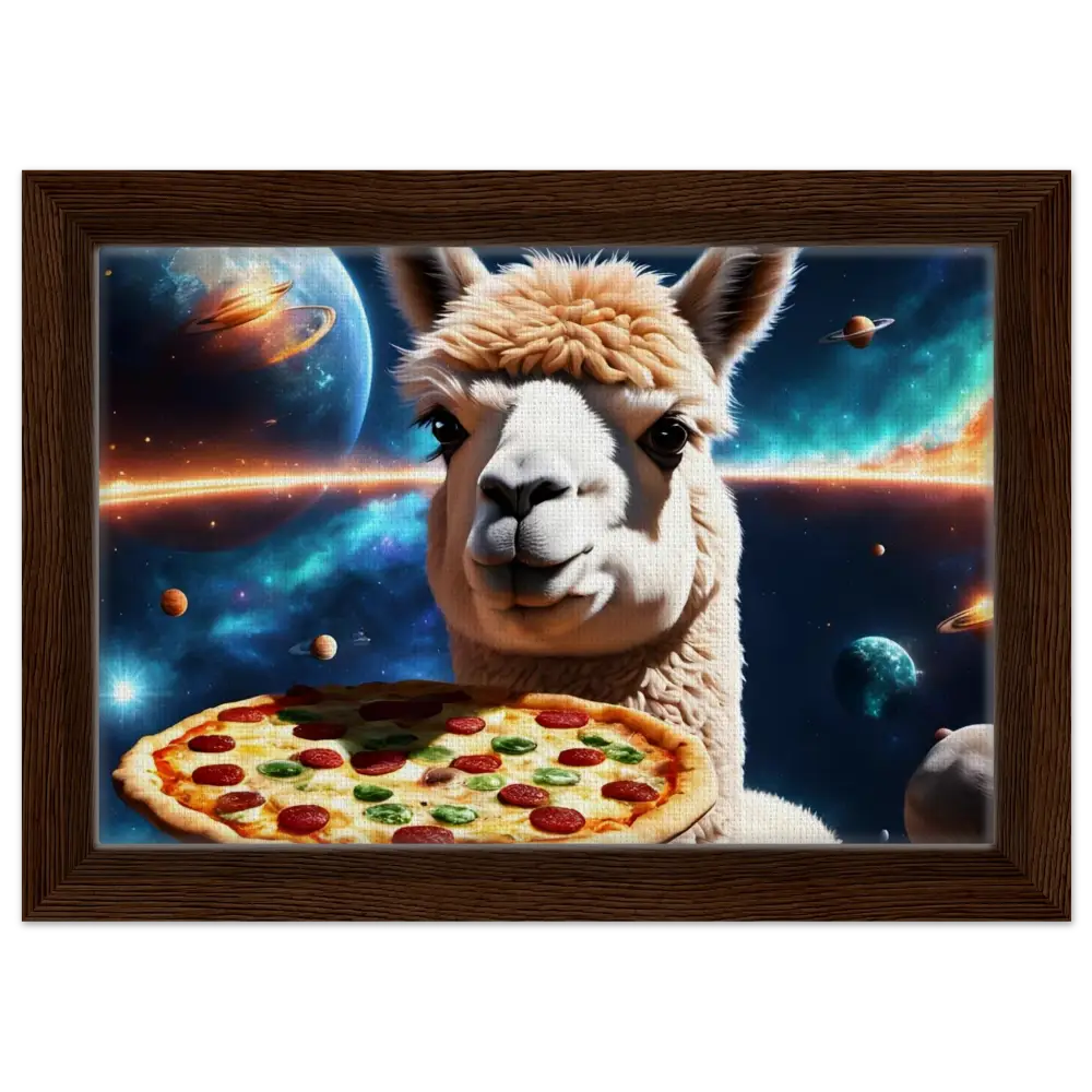 Framed Alpaca with Pizza in Space artwork from PixiOnyx Galactic Chew Courier collection