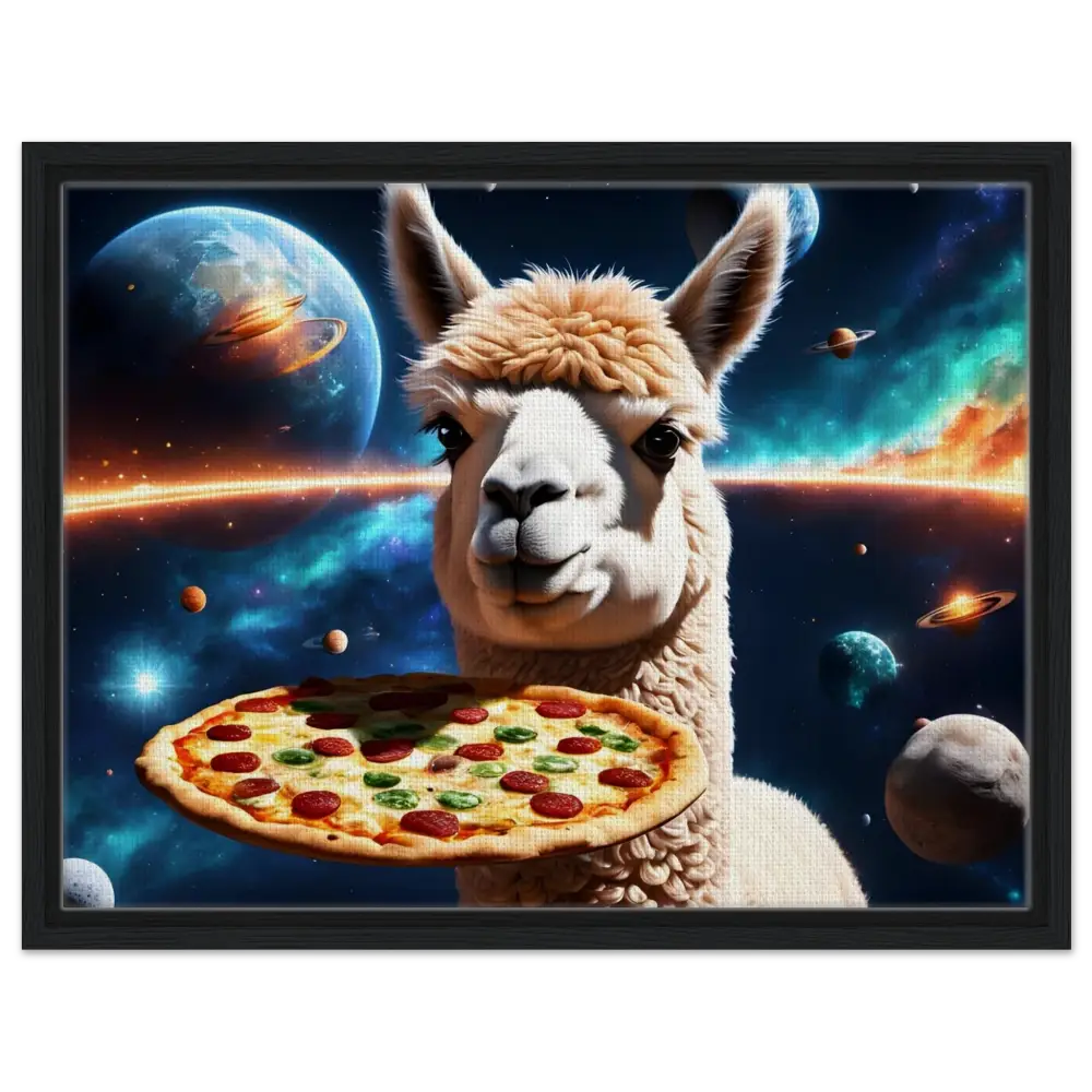 Llama holding pizza in space on Framed Alpaca Pizza Canvas Galactic Chew Courier