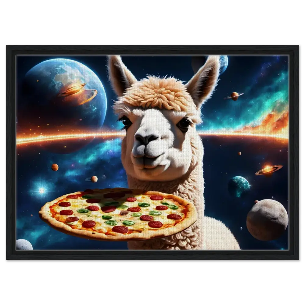 Llama holding pizza in space on Framed Alpaca Pizza Canvas Galactic Chew Courier