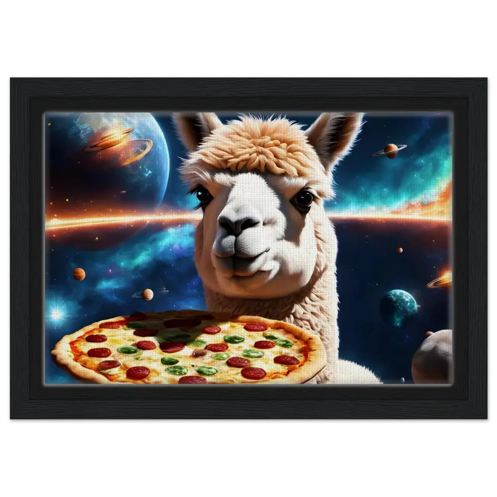 Llama holding pizza in space on Framed Alpaca Pizza Canvas Galactic Chew Courier