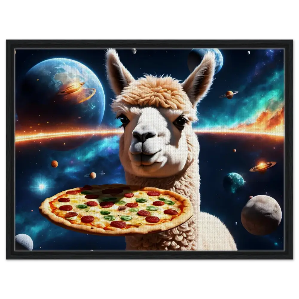 Alpaca holding pizza in space displayed on Framed Alpaca Pizza Canvas Galactic Chew Courier PixiOnyx Floating Frame Art