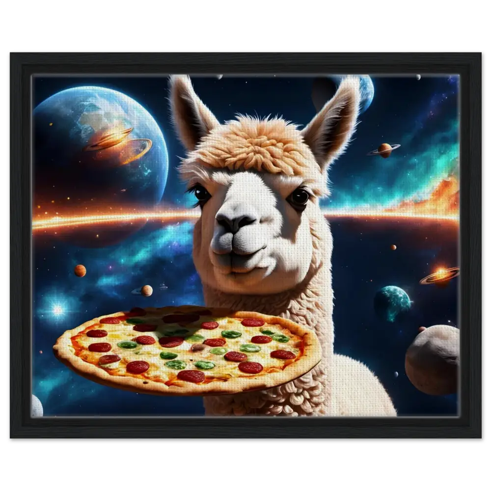 Framed Alpaca Holding Pizza in Space for Galactic Chew Courier Canvas Art