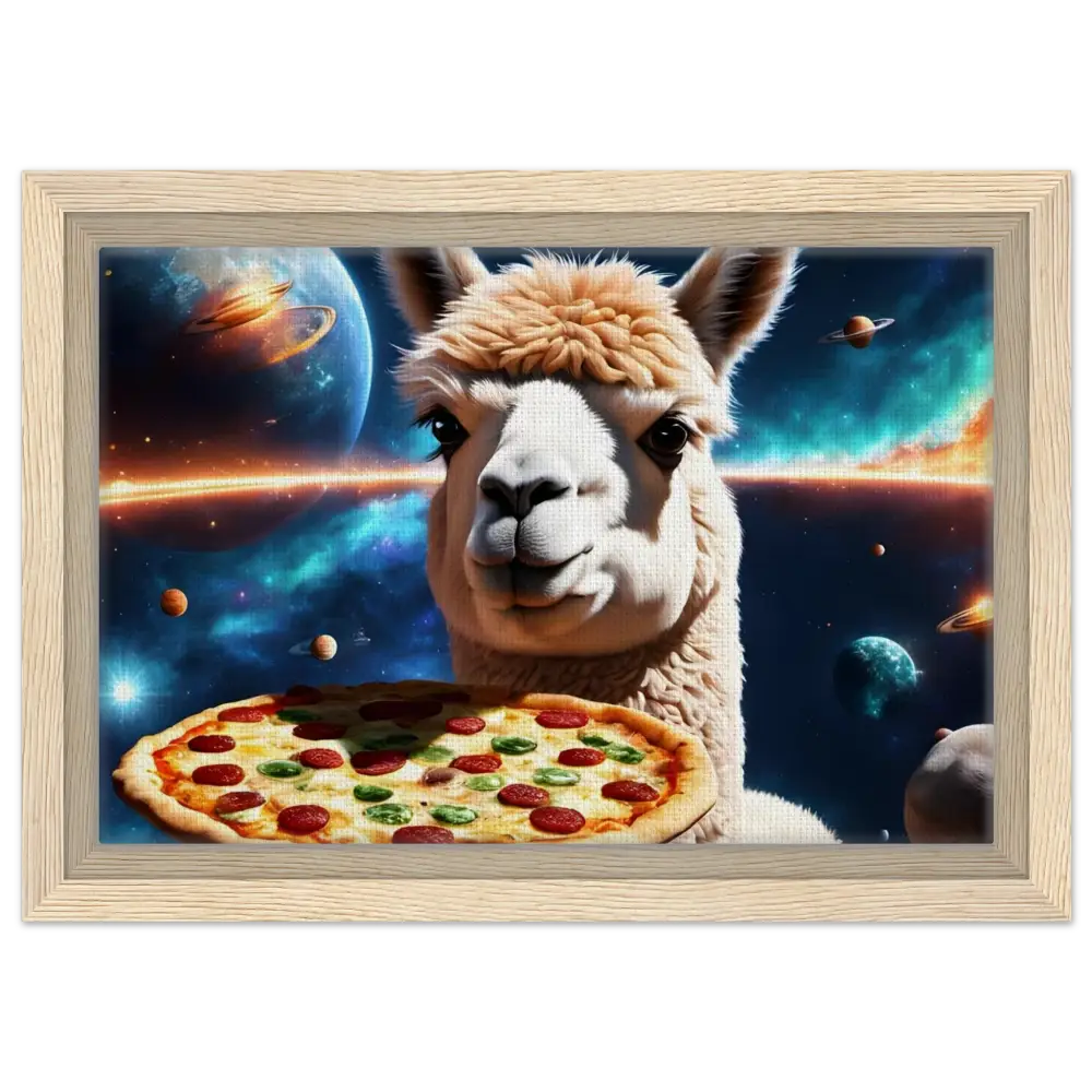 Framed Alpaca holding pizza in space for Galactic Chew Courier Canvas art scene