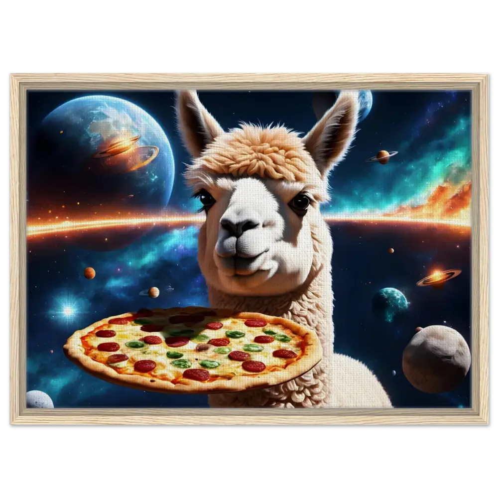Framed space llama with pizza artwork in PixiOnyx Floating Frame for Galactic Chew Courier