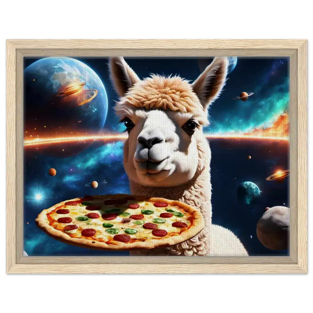 Framed space alpaca pizza art on Galactical Chew Courier PixiOnyx floating frame
