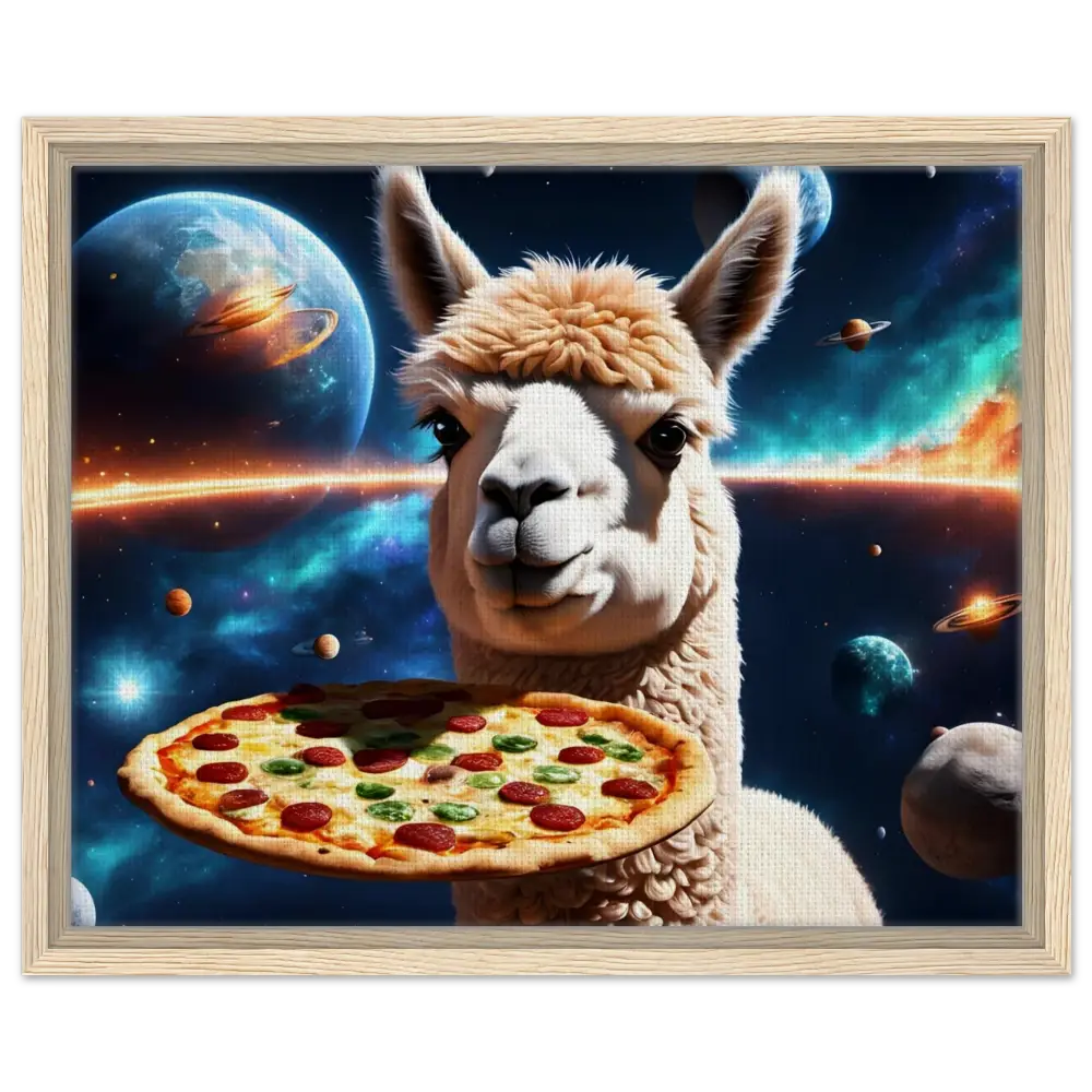 Framed space alpaca pizza art on Galactic Chew Courier PixiOnyx Floating Frame Canvas