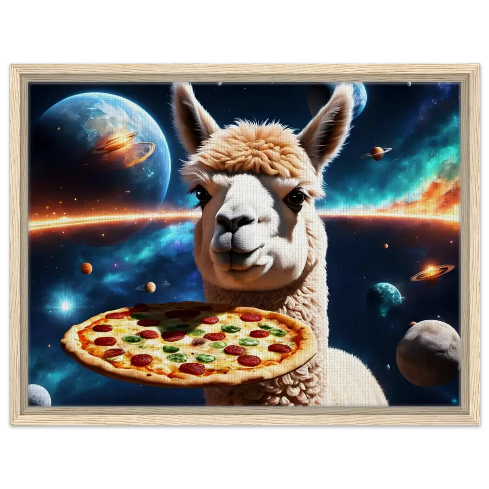 Framed Alpaca Pizza Canvas in space with a galactic floating frame art style