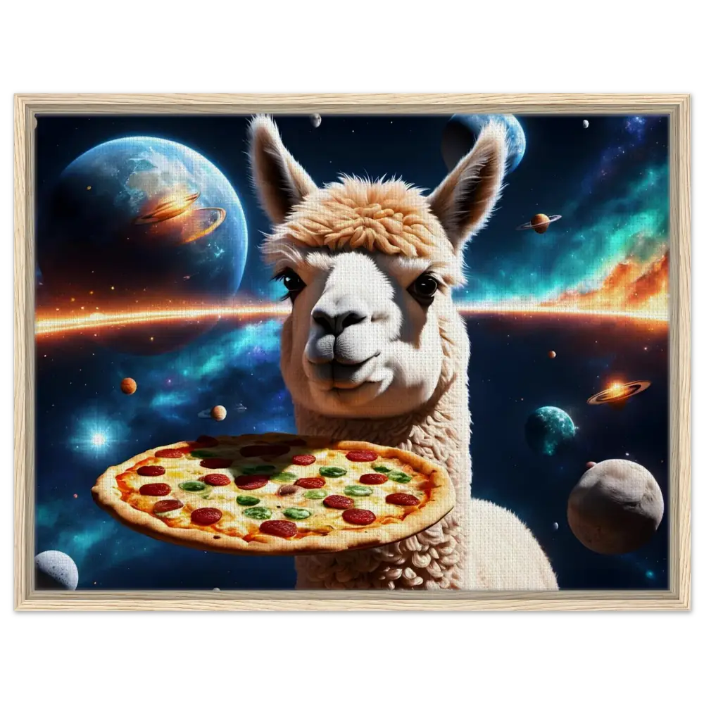 Framed alpaca holding pizza in space on Galactic Chew Courier canvas art
