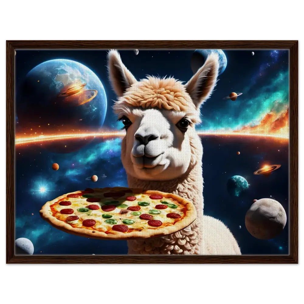 Framed Alpaca holding pizza in space for Galactic Chew Courier Canvas art