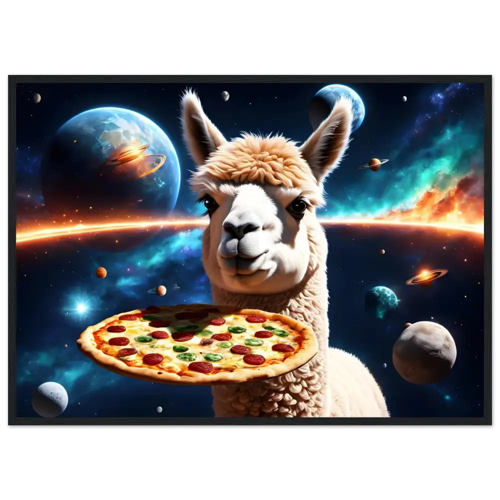 Llama holding pizza on Cosmic Delivery Framed Alpaca Pizza Poster by PixiOnyx