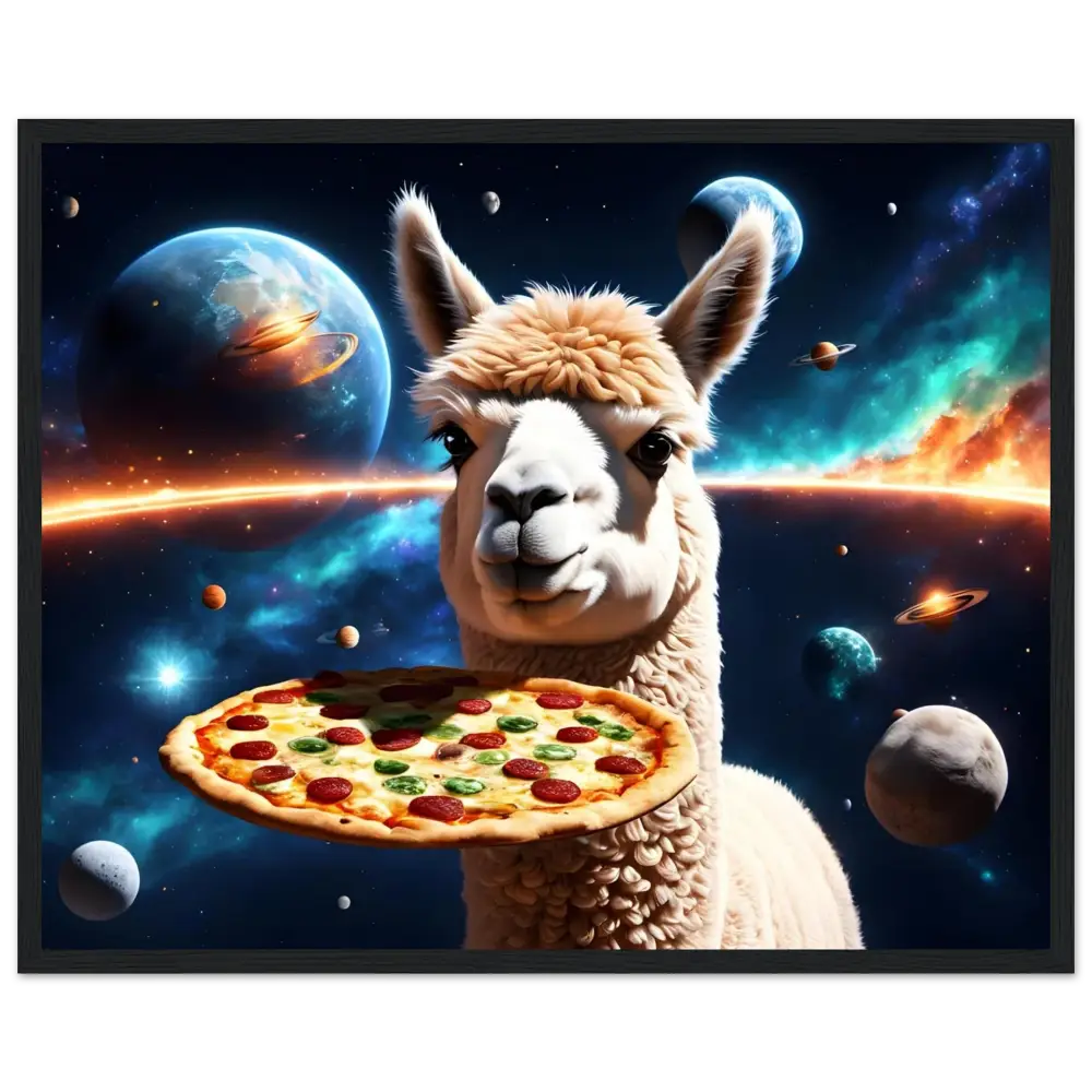 Alpaca holding pizza in space on PixiOnyx framed cosmic pizza poster