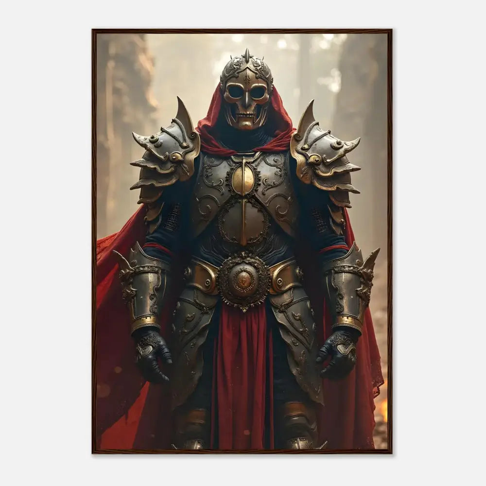 Ornate skull-masked knight in detailed armor, Gothic warrior art print displayed in frame