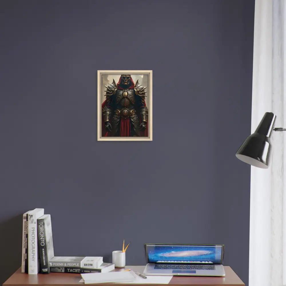 Framed knight portrait canvas featuring Steel Oath Crimson Valor armor design
