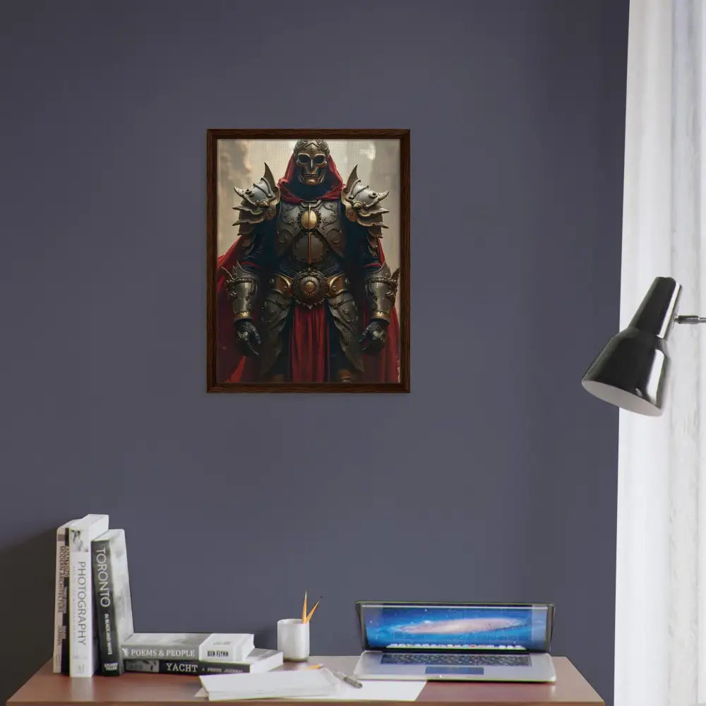 Framed knight portrait artwork on canvas featuring armoured warrior in Steel Oath Crimson Valor style