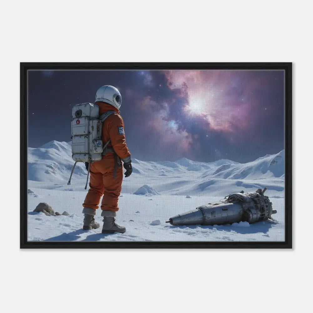 Framed astronaut and crashed spacecraft canvas art for cosmic wall decor at PixiOnyx