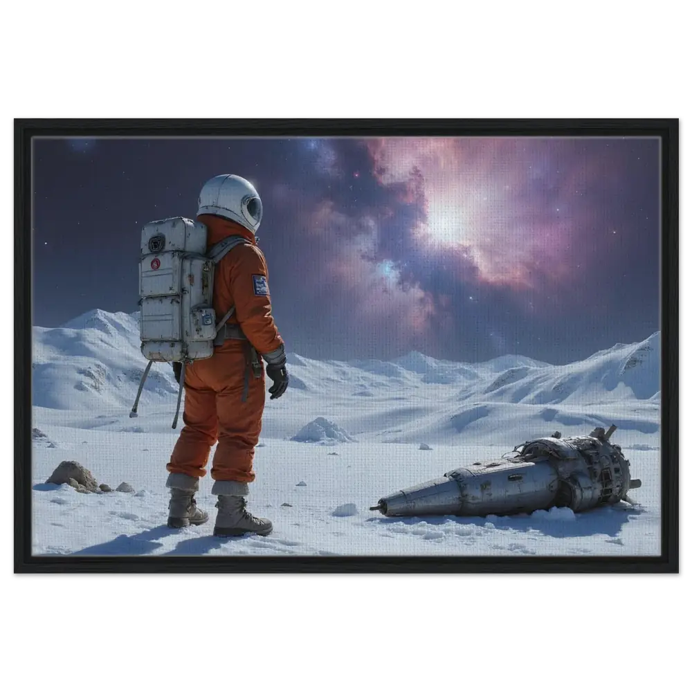 Framed Astronaut Canvas featuring an astronaut in orange suit and crashed spacecraft for cosmic decor