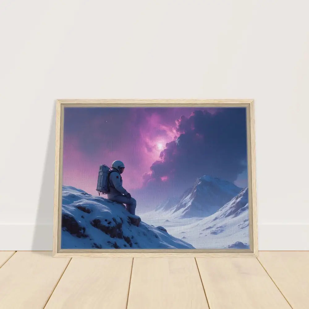 Framed astronaut mountain scene canvas artwork in interstellar frame display