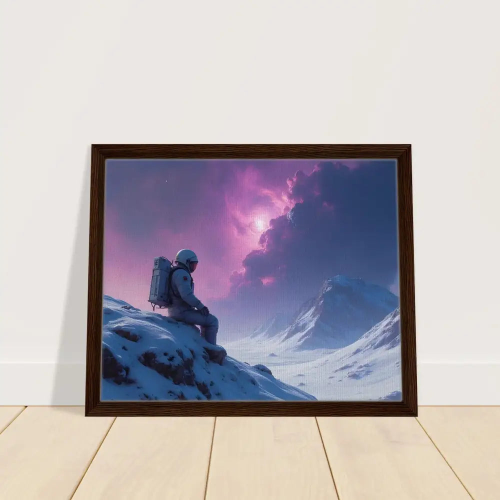 Framed astronaut landscape art on canvas titled Void Solitude displayed in interstellar frame