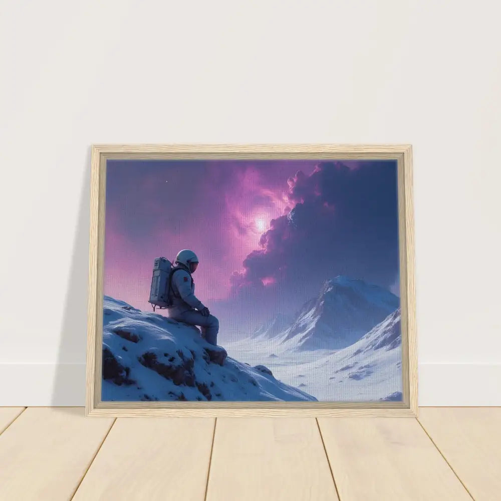 Framed astronaut mountain scene artwork in PixiOnyx Interstellar Frame Display