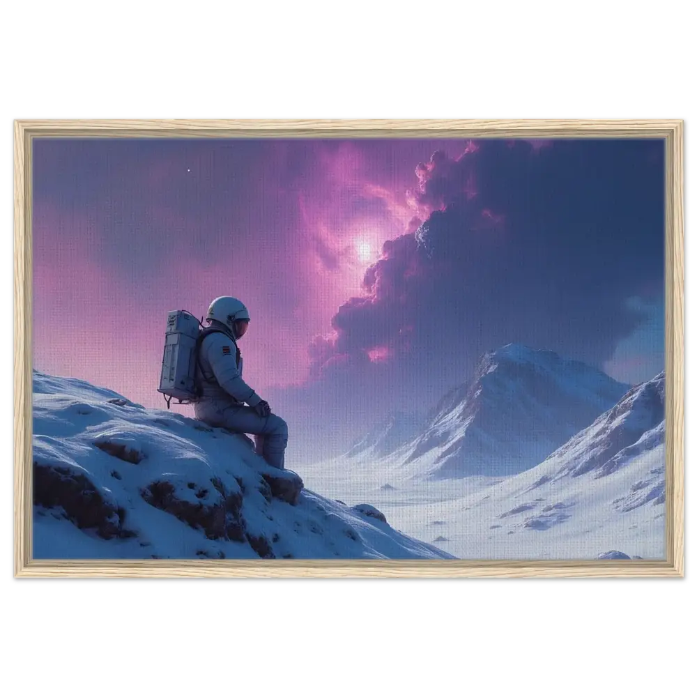 Framed astronaut landscape canvas artwork in a PixiOnyx Interstellar Frame Display