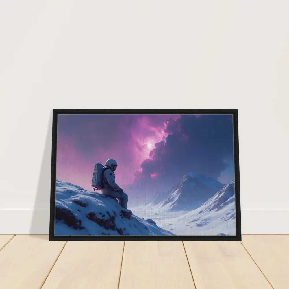 Framed astronaut landscape print displayed in PixiOnyx Interstellar Frame Display