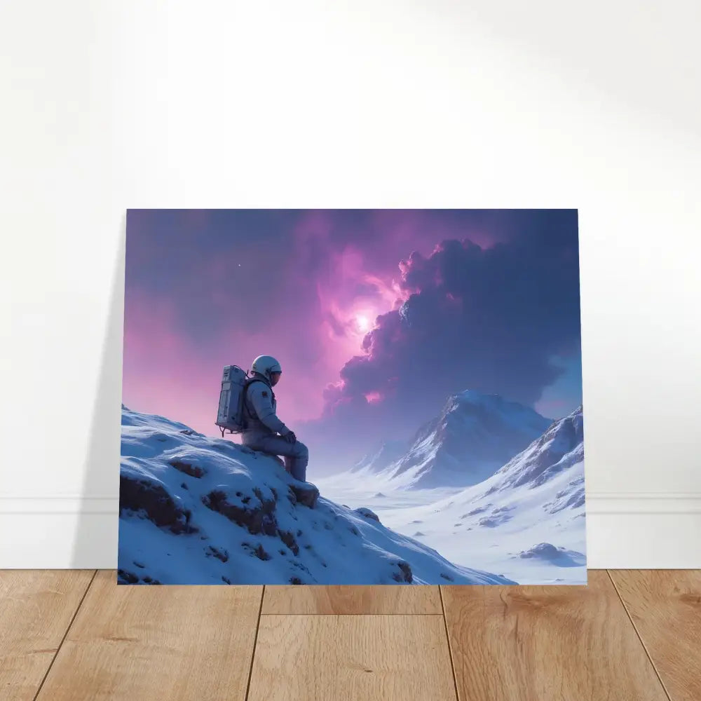 Framed Astronaut Poster featuring an astronaut on a snowy mountain landscape artwork