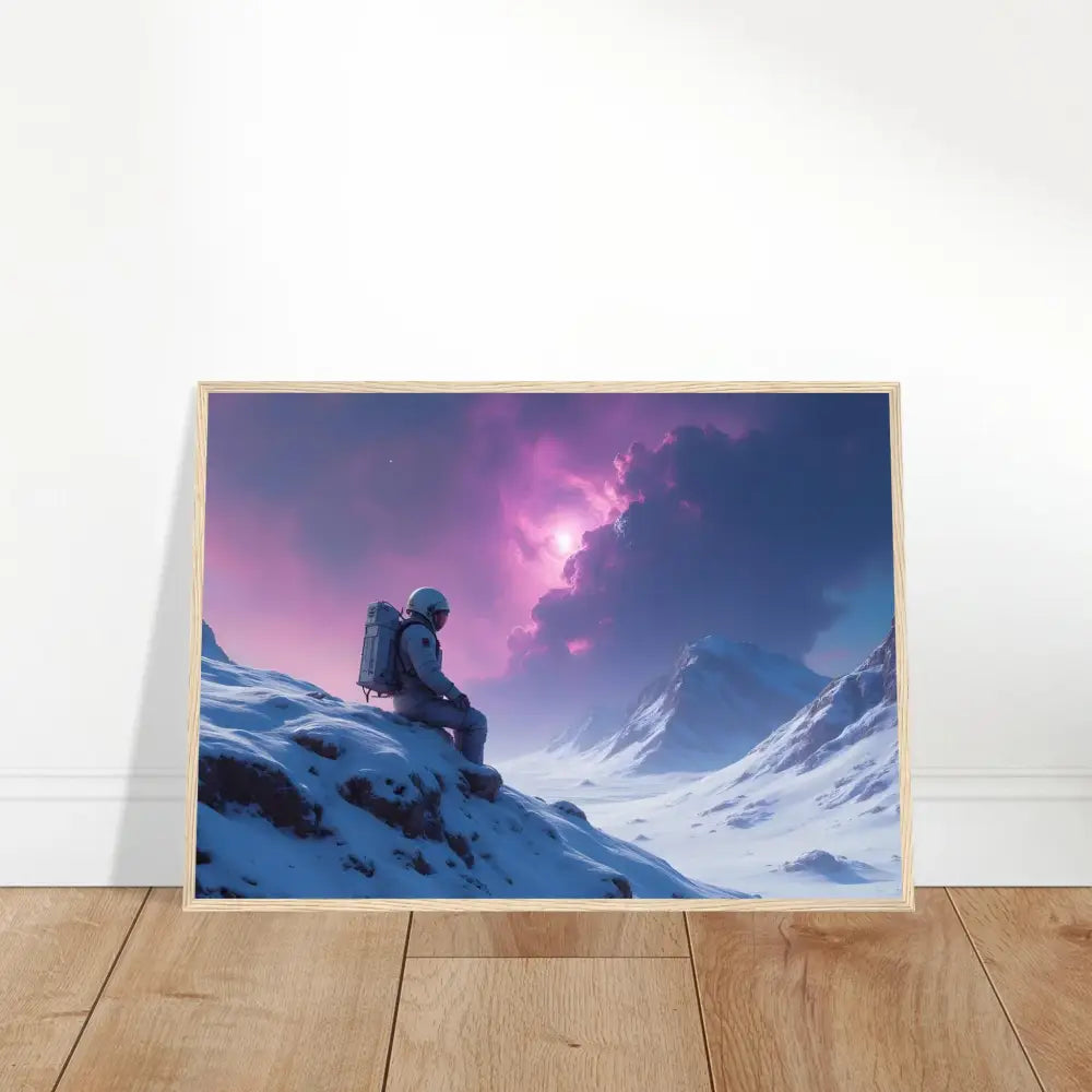 Framed astronaut mountain scene artwork from PixiOnyx Void Solitude celestial poster