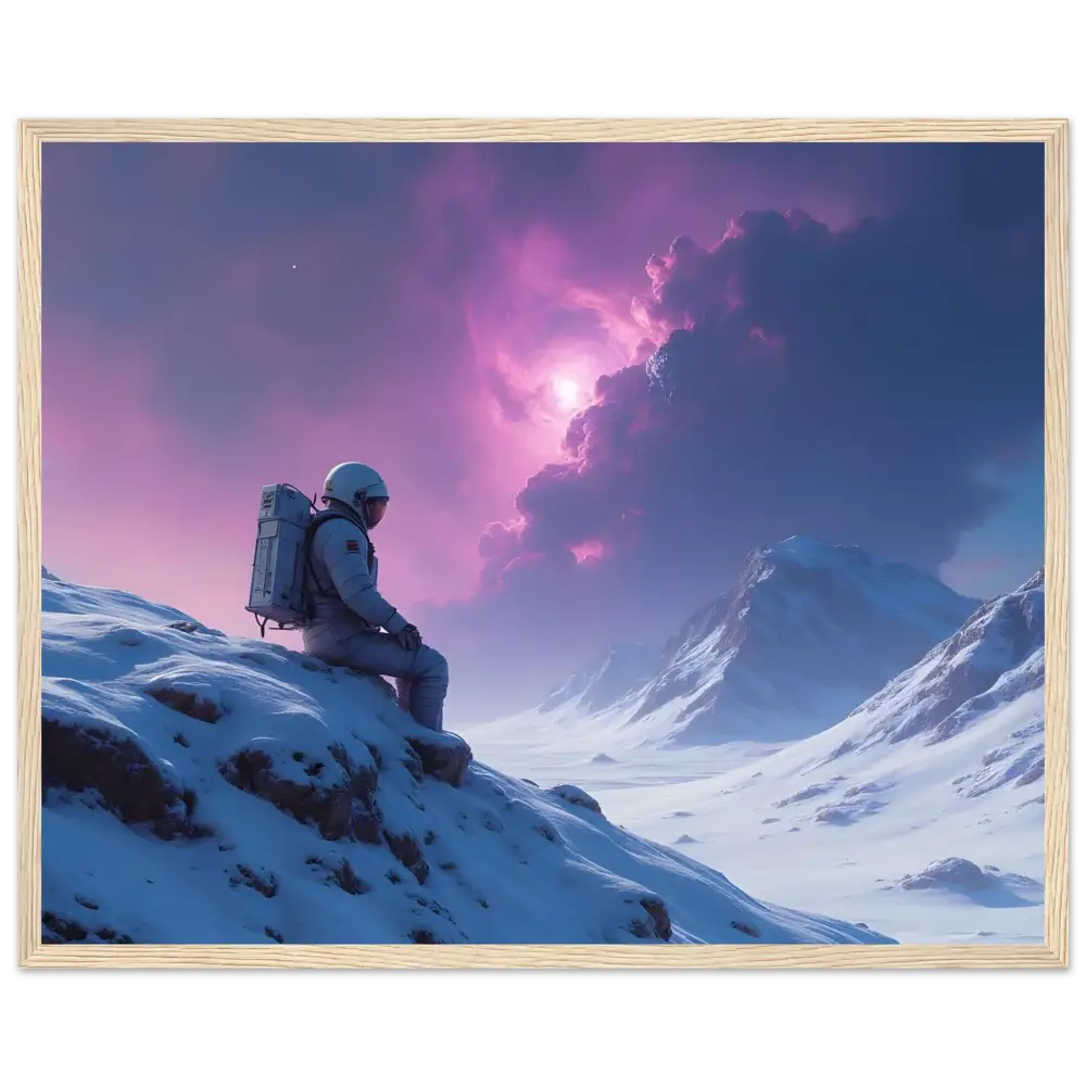 Framed astronaut landscape poster showcasing celestial silence and void solitude design