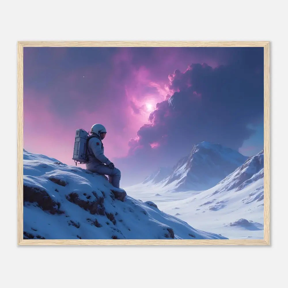 Framed astronaut poster on snowy mountain mountain backdrop celestial silence PixiOnyx display
