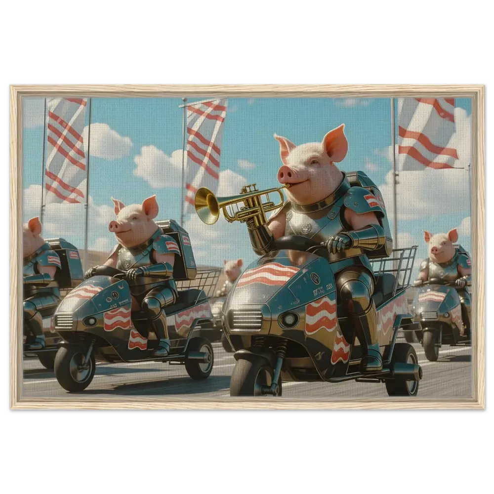 Pigs in armor riding scooters on framed Bacon Battalion Canvas artwork