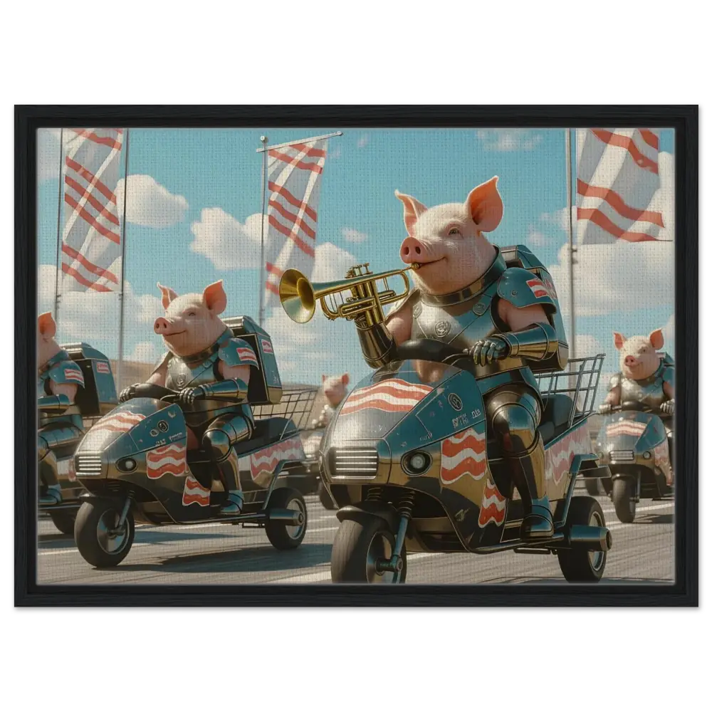 Pigs in armor riding patriotic scooters on Framed Bacon Battalion Canvas artwork