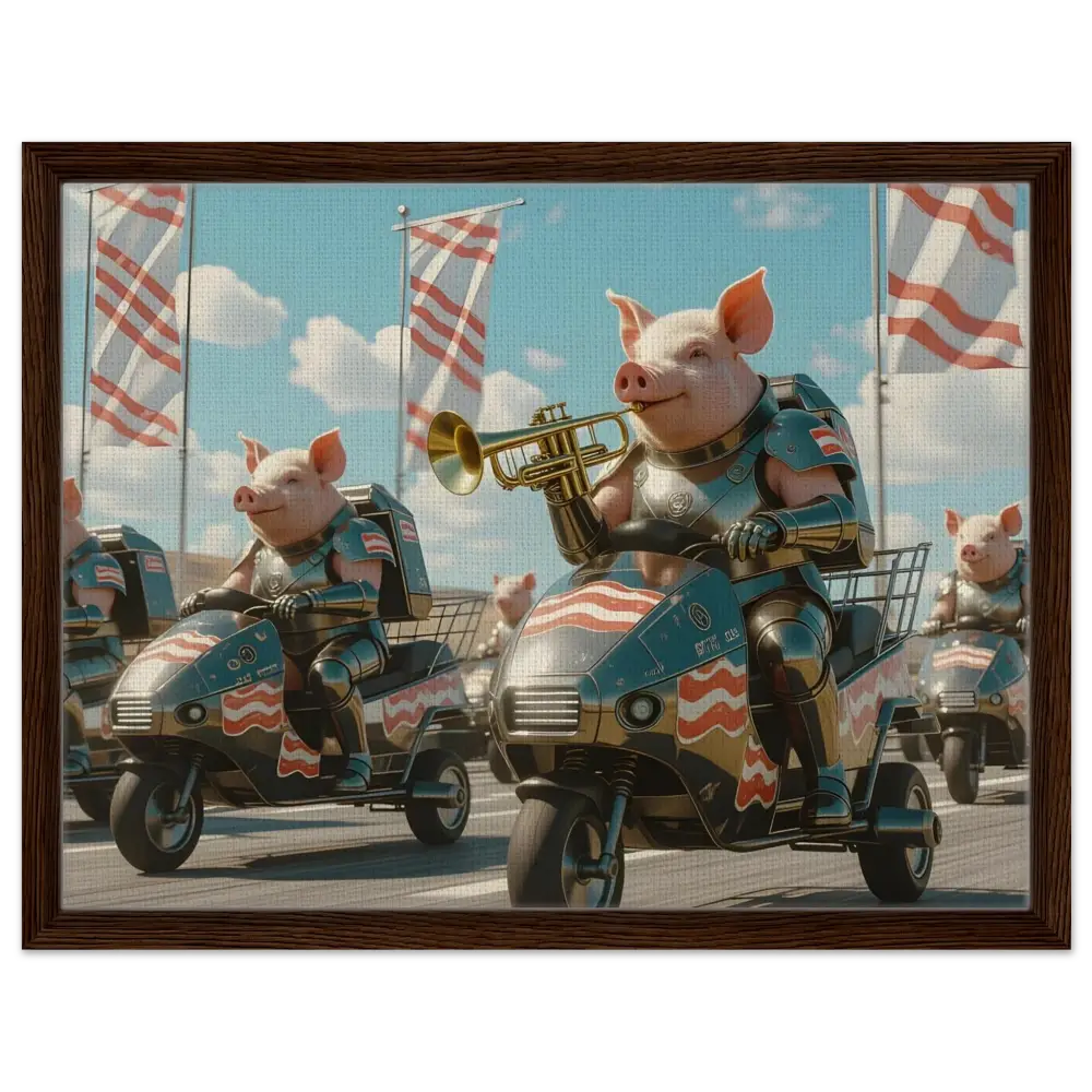 Framed Bacon Battalion Canvas with armored pigs on tricycles, Glorious Grunt Force art