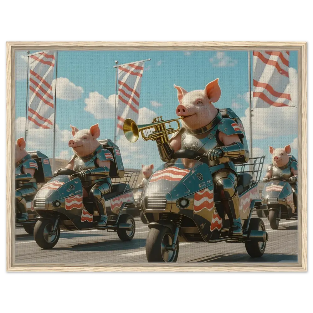 Patriotic pig parade displayed on Framed Bacon Battalion Canvas by PixiOnyx