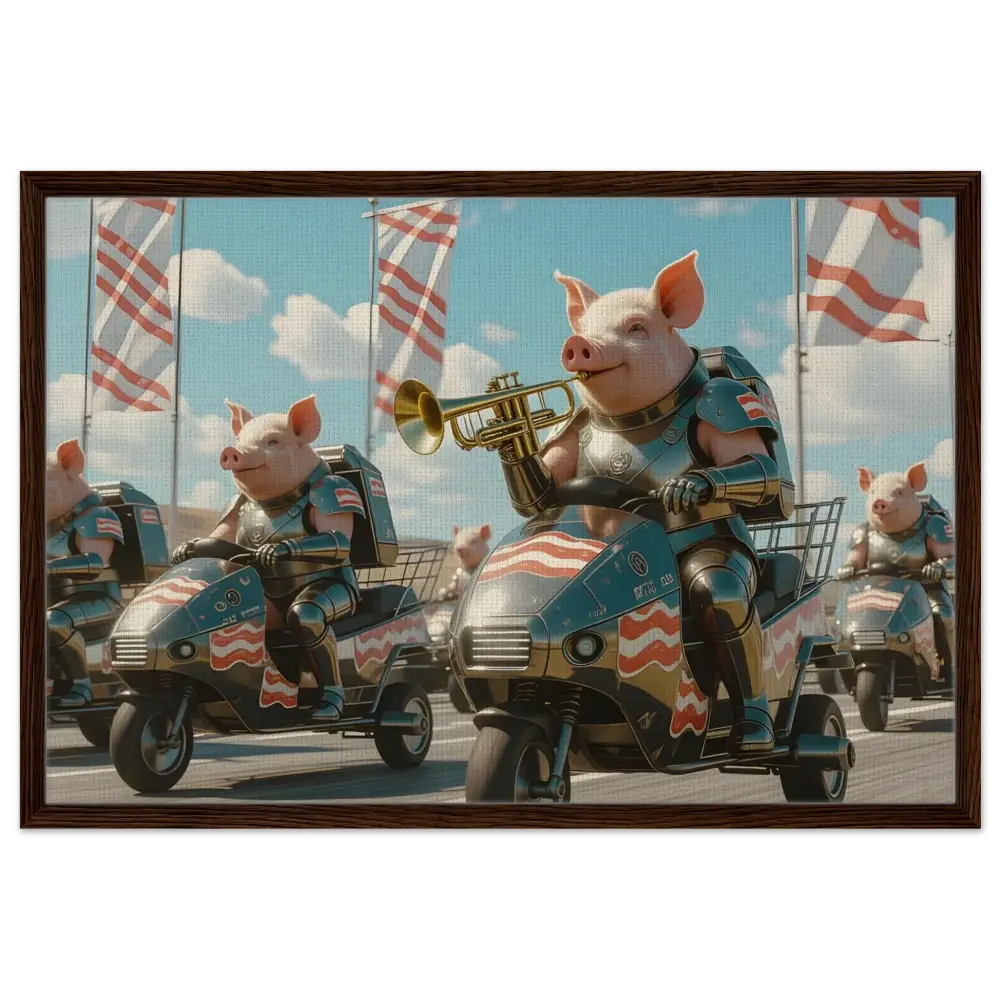 Patriotic pig parade artwork on Framed Bacon Battalion Canvas by PixiOnyx Bacon Brigade