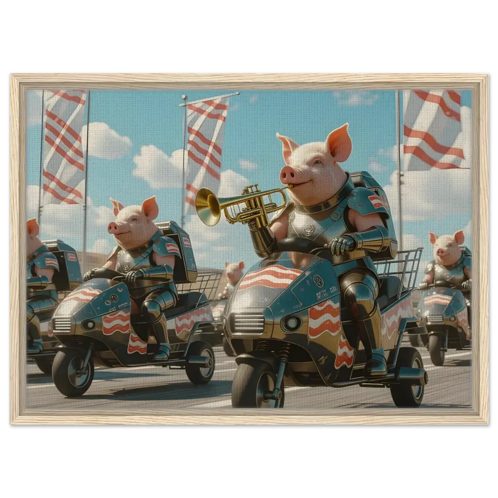 Patriotic pig parade displayed on PixiOnyx Bacon Brigade Frame Art with Framed Bacon Battalion Canvas