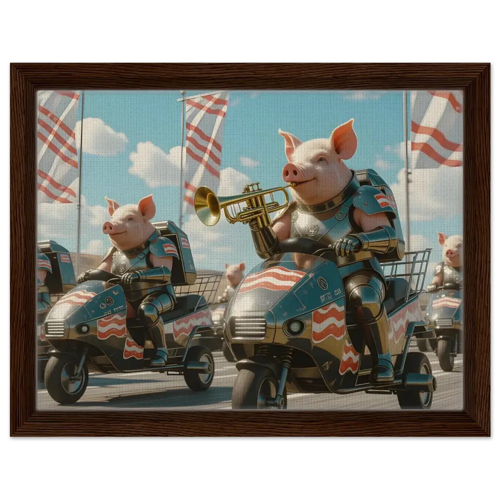 Framed patriotic pig parade artwork on canvas in PixiOnyx Bacon Brigade Frame Art