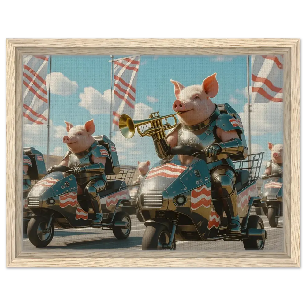 Framed artwork of pigs riding scooters from PixiOnyx Bacon Brigade Canvas Collection