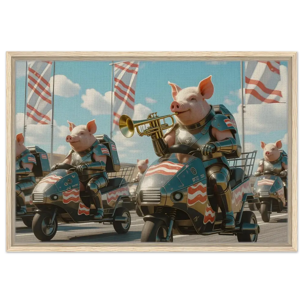 Patriotic pig parade displayed on Framed Bacon Battalion Canvas by PixiOnyx