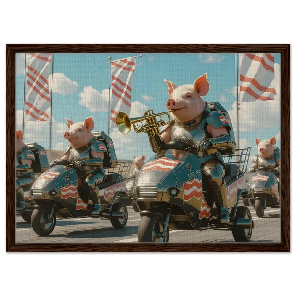 Patriotic pig parade displayed on Framed Bacon Battalion Canvas by PixiOnyx