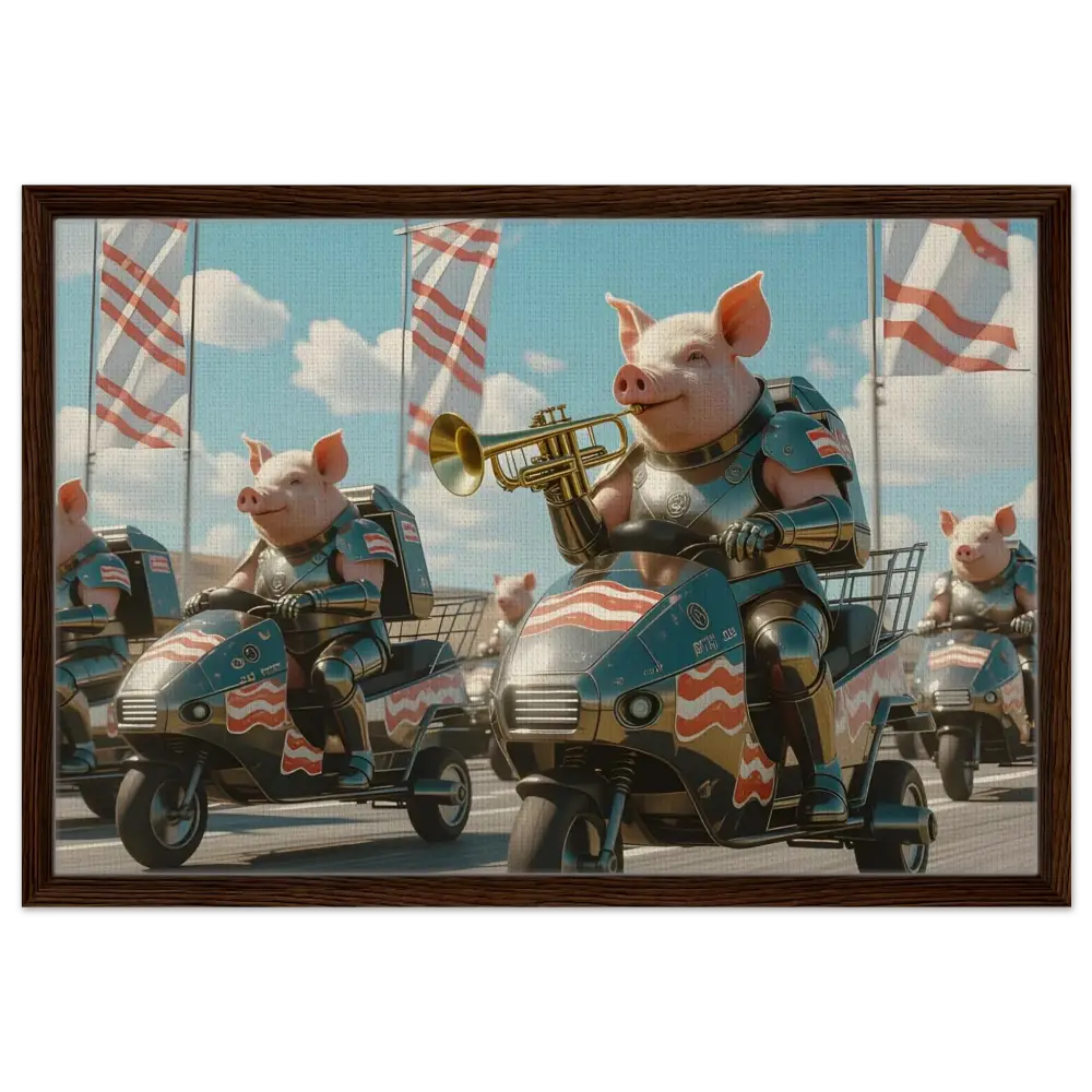 Patriotic pig parade artwork on Framed Bacon Battalion Canvas by PixiOnyx Bacon Brigade
