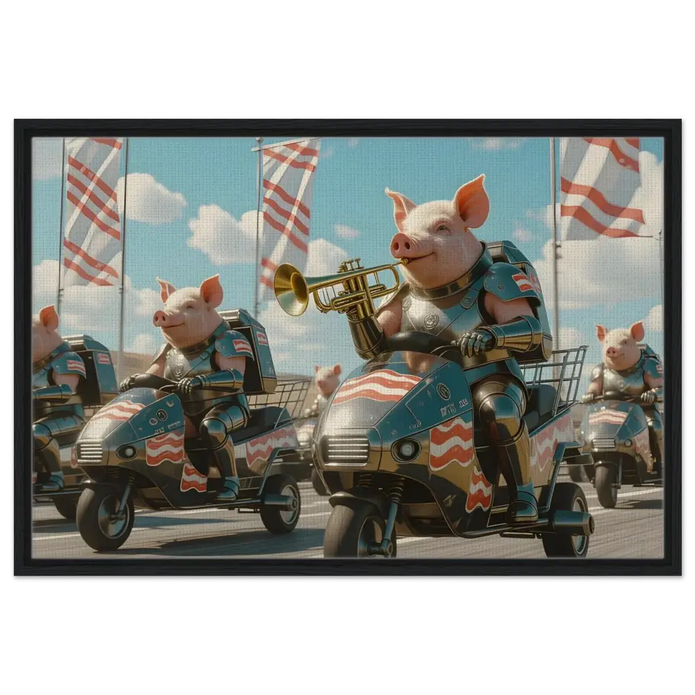 Patriotic pig parade artwork in Framed Bacon Battalion Canvas by PixiOnyx Bacon Brigade