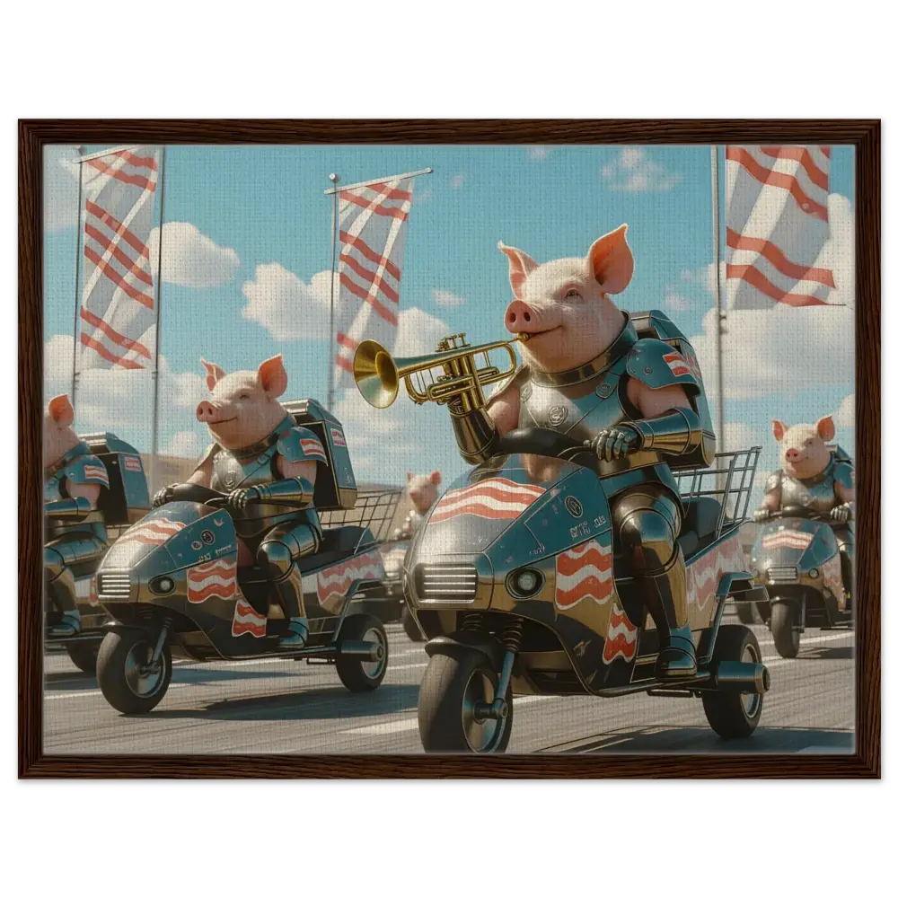 Patriotic pig parade artwork on Framed Bacon Battalion Canvas by PixiOnyx Bacon Brigade