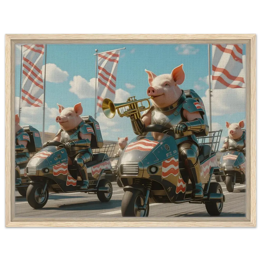 Patriotic pig parade displayed on Framed Bacon Battalion Canvas by PixiOnyx Bacon Brigade