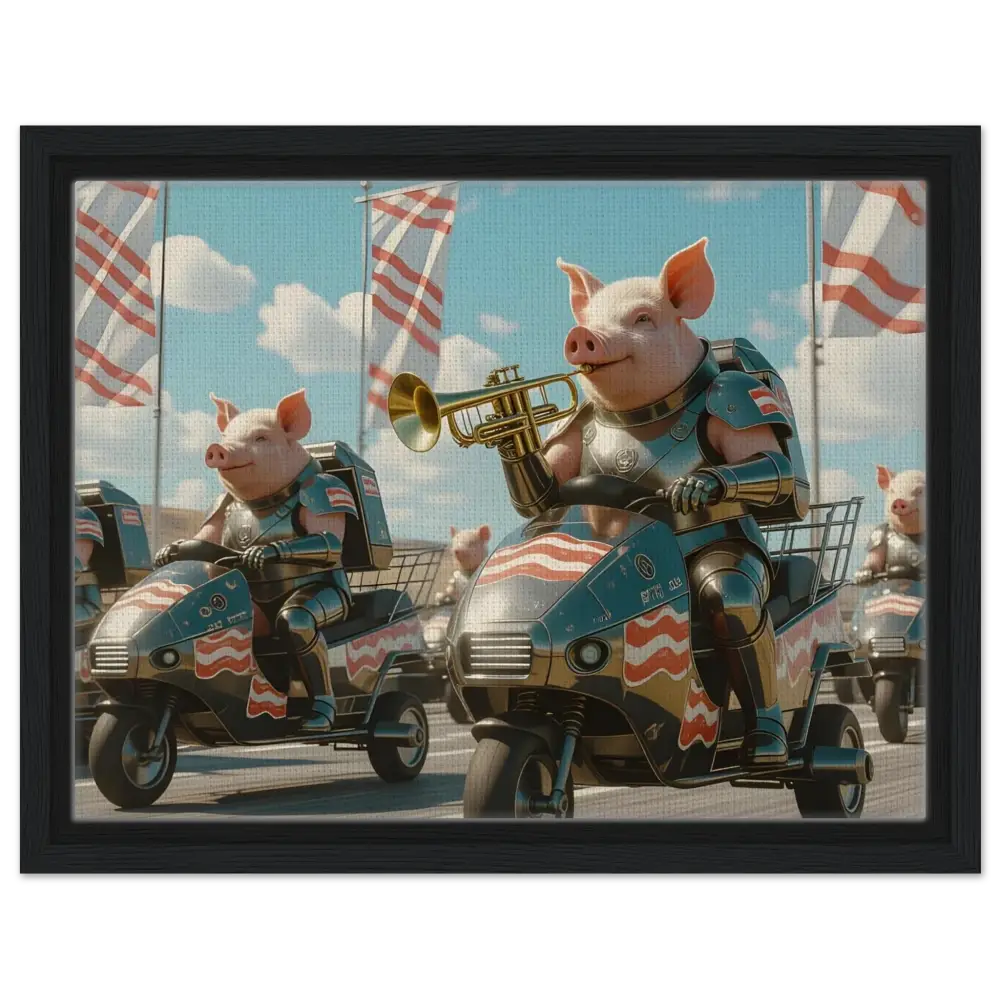Patriotic pig parade displayed on Framed Bacon Battalion Canvas by PixiOnyx