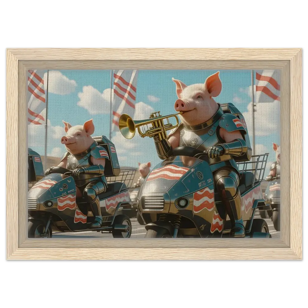 Framed artwork of pigs in armor riding scooters on the PixiOnyx Bacon Brigade Canvas