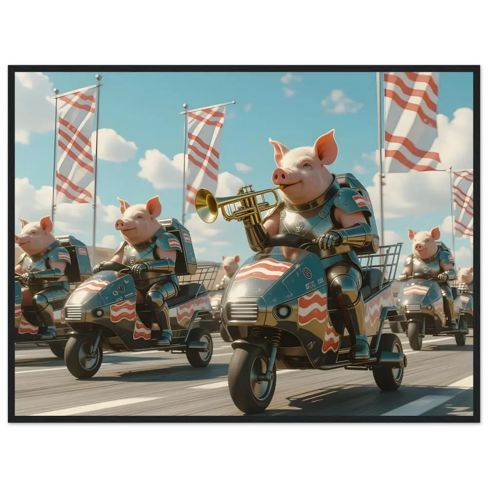 Patriotic pig parade displayed on Framed Bacon Battalion Poster Meat March PixiOnyx Parade of Pork Art