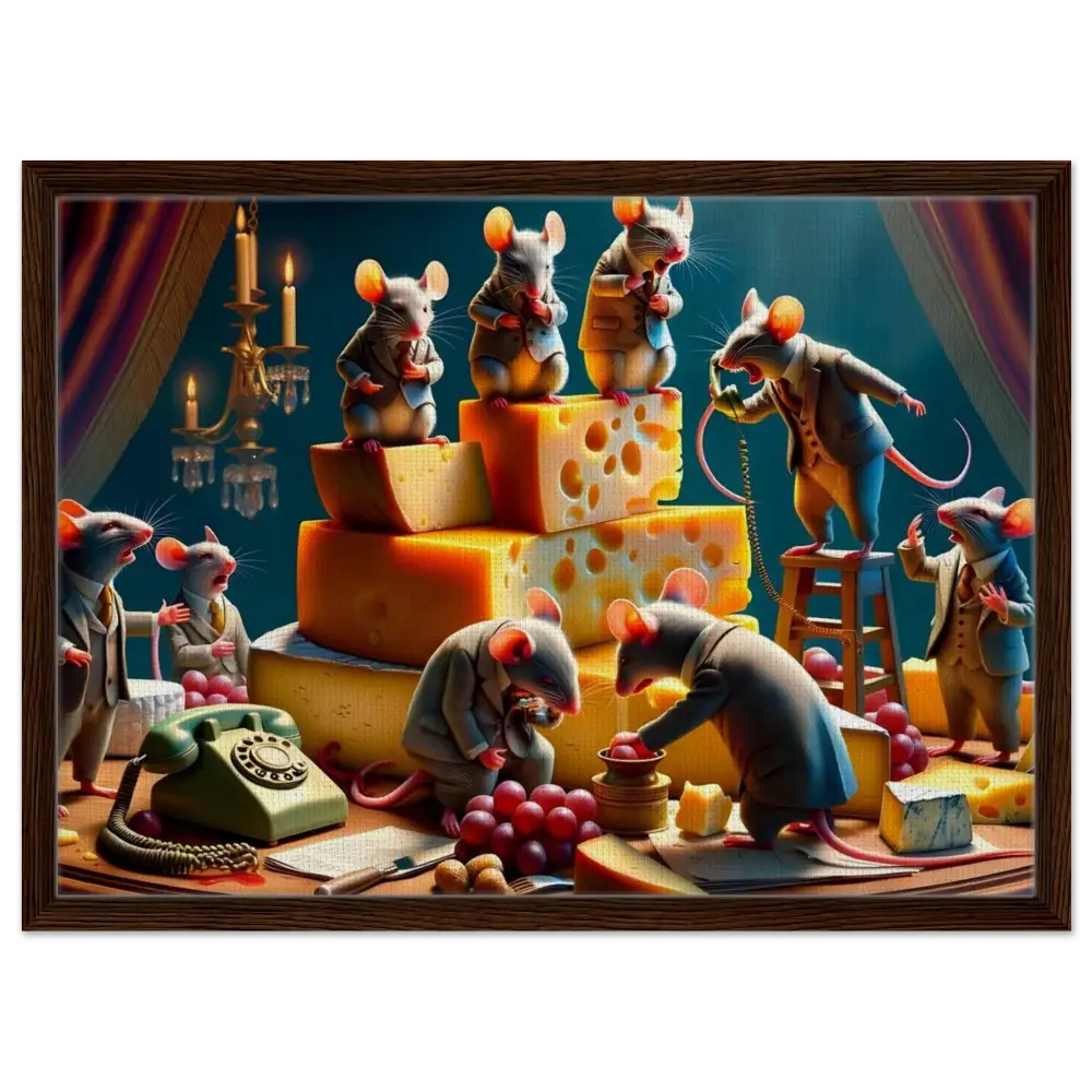 Anthropomorphic mice conducting a business meeting in a stylish art piece titled Framed Boardroom Brie-down Canvas